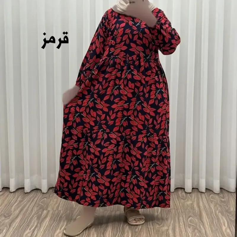 پیراهن نخی گلدار برگ فری سایز تا 46 سوپر نخ خارجی چهارفصل زنانه شیک راحت سایه نمیندازد کمربند دارد