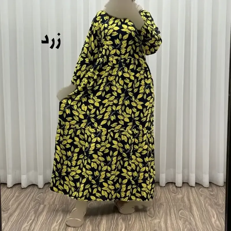 پیراهن نخی گلدار برگ فری سایز تا 46 سوپر نخ خارجی چهارفصل زنانه شیک راحت سایه نمیندازد کمربند دارد