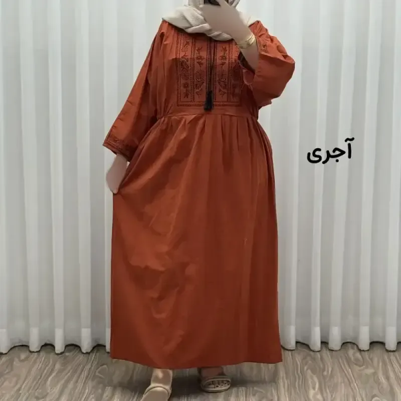 پیراهن لینن گلدوزی مایا کد 1745 فری سایز زنانه چهارفصل تنخور شیک و راحت بدون سایه اندازی و بدن نما