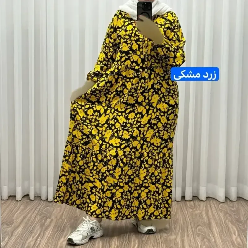 پیراهن ساحلی نخی گلدار زنانه فری سایز تا 50 کد 1308 شسته شده بدون آبرفت و رنگ رفت کمربنددار