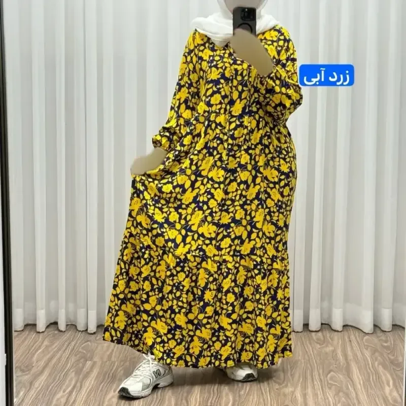 پیراهن ساحلی نخی گلدار زنانه فری سایز تا 50 کد 1308 شسته شده بدون آبرفت و رنگ رفت کمربنددار