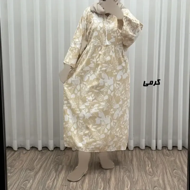 پیراهن ساحلی زنانه لینن طرحدار فری سایز مناسب تا سایز 50 با کمربند