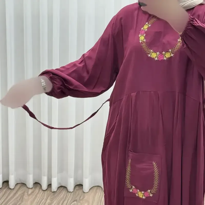 پیراهن نخی گلدوزی زنانه مدل خاطره فری سایز تا 48 با کمربند