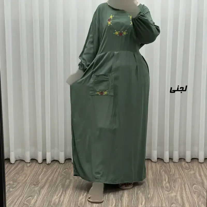 پیراهن نخی گلدوزی زنانه مدل خاطره فری سایز تا 48 با کمربند